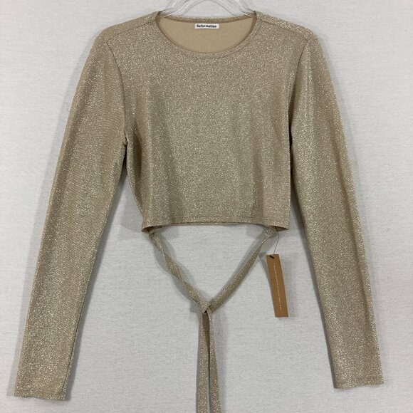 New Reformation Large Jupiter Metallic Sparkle Cream Tie Long Sleeve Crop Top - Picture 1 of 12